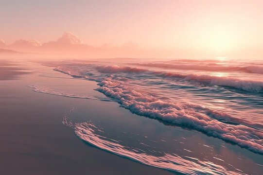 3D animated cartoon-style seamless loop of empty beach at sunrise, slow rhythmic ocean waves, soft pink-orange sky gradients, subtle foam movement along shore, tranquil atmosphere.
