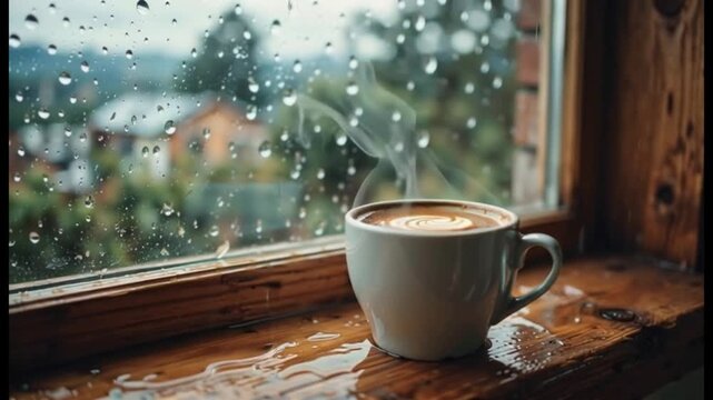 Cozy Coffee by Rainy Window Hot Drink Steam, Water Drops, Autumn Morning Comfort