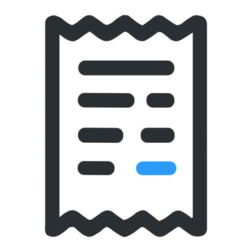 Stylized receipt icon depicting a serrated-edge paper receipt or invoice with itemized horizontal lines, minimalist monochrome design and a blue highlighted line indicating total.