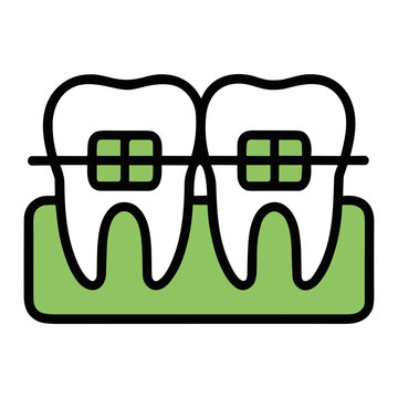 Cartoon vector of two adjacent teeth wearing orthodontic braces with rectangular brackets connected by an archwire above a stylized green gum base