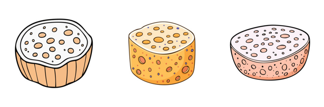 Set of three cartoon sponges with porous textures in assorted shapes and colors