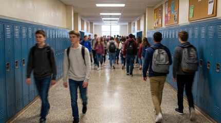 Fototapeta premium Diverse group of high school students walking through bustling school hallway filled with blue lockers, representing academic life, youth culture, and daily education routines.