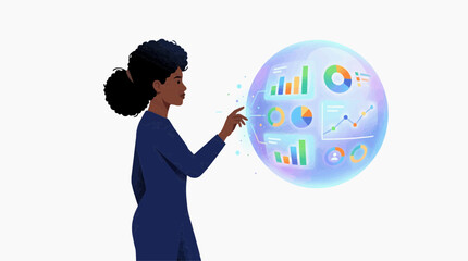 Fototapeta premium Black woman interacting with futuristic holographic data analytics interface, flat design vector illustration