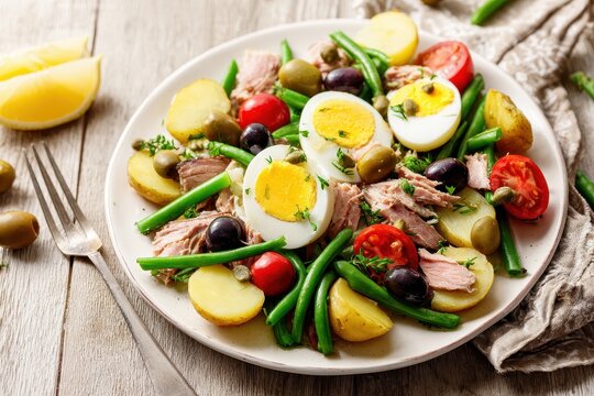 Elegant seafood salad in Ni&Atilde;&sect;oise style: tuna, anchovies, potatoes, beans and citrus on a white dish