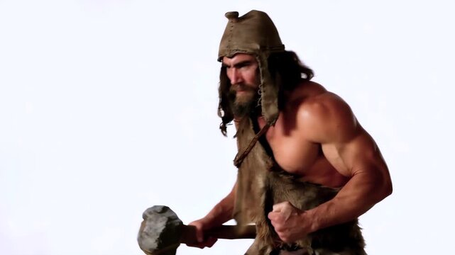 Primitive builder stepping medium shot with fur hat and hammer on white background, blending prehistoric worker humor with construction training, adaptation problems, labor effort, safety messaging.