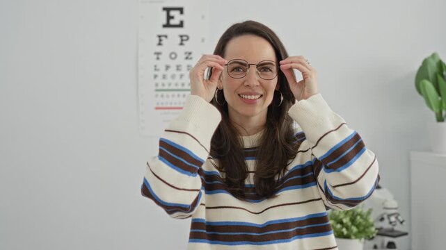 Woman adjusts glasses during eye test in building, smiling and holding frames with hands, striped sweater visible, eye chart and microscope behind her; confidence health check.