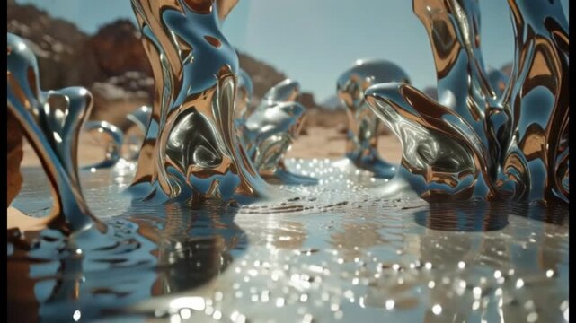 Abstract Metal Liquid Forms Flowing on Sandy Beach with Ocean Background