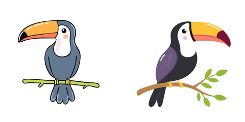 Fototapeta premium Set of two cartoon toucans perched on branches, vibrant beaks, tropical birds