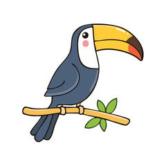 Fototapeta premium Cartoon toucan perched on a branch with green leaves