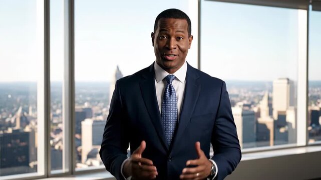 Men in suits stand at the window, business elites speak at the window