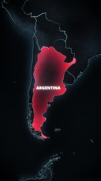 Glowing red digital map of Argentina on dark high-tech background, vertical South America geography graphic optimized for short-form social media content and mobile app promos.
