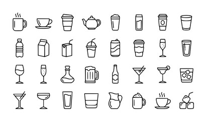 Fototapeta premium Beverage and Drink Outline Icon Collection Featuring Coffee Tea Juice Milk Cocktail and Wine Glasses