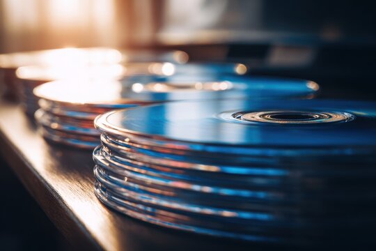 Colorful blu-ray disc stack with reflective surfaces and soft lighting setup
