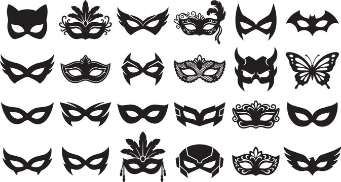 Collection of ornate and simple decorative masquerade masks in black silhouettes against a white backdrop