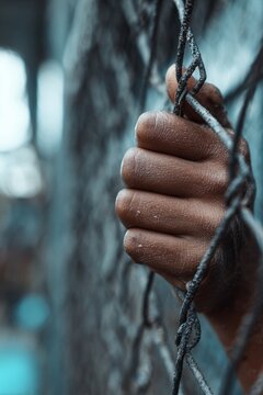 Close-up of a young detainee's hand gripping a metal fence at a youth detention facility