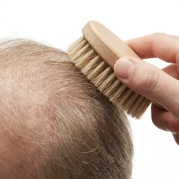 Man brushing thinning hair with wooden hairbrush in indoor setting  