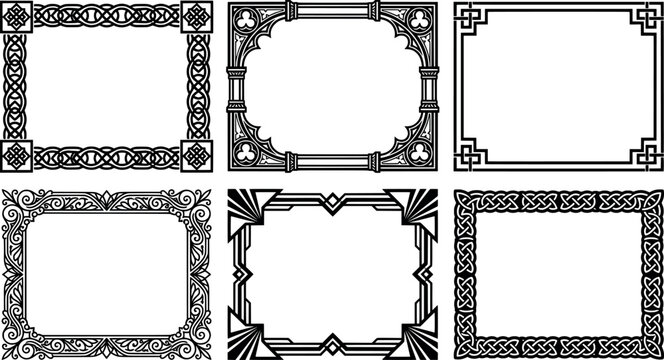 Set of vintage decorative frames and borders with celtic, gothic, and art deco patterns transparent background
