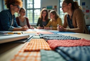 Fototapeta premium Creative Studio Session Examining Textile Samples for Innovative Project Development by Design Students with Tangible Materials