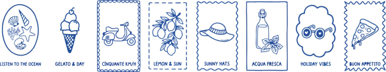 Set of hand drawn summer travel icons with italian theme © Creative