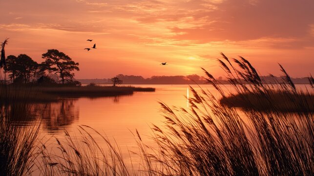 Golden Hour over the Marsh: Calm Waters and Reed Silhouettes Along Mobile Bay&acirc;&euro;&trade;s Shore
