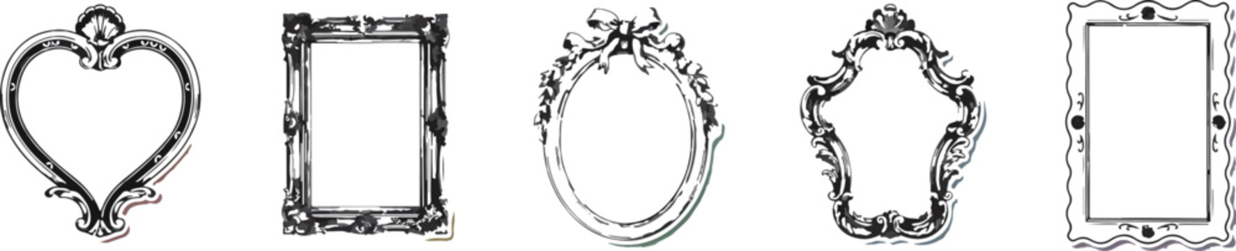 Set of ornate decorative vintage picture frames in various elegant shapes