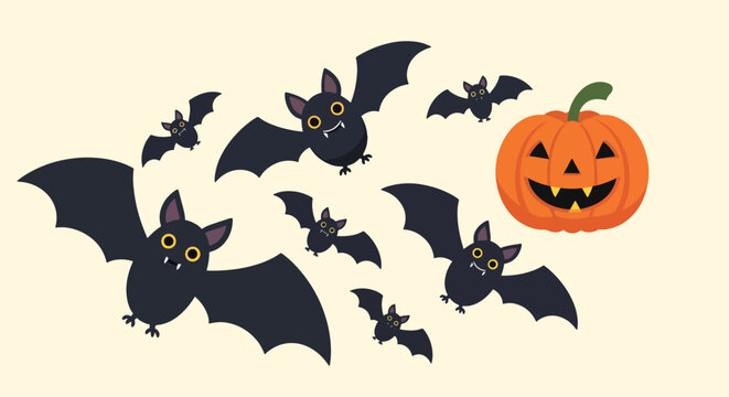 Black silhouette of a flock of bats in flight.