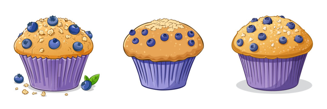 Set of three delicious blueberry muffins with purple wrappers and crumble topping