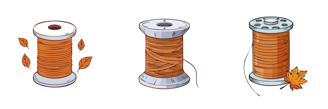 Set of three orange thread spools with autumn leaves