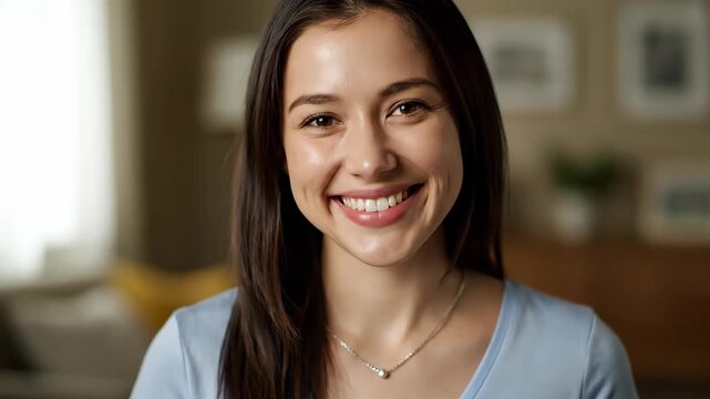 Close-up material of indoor women's smiles, close-up of home women's smiles