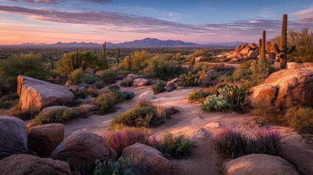Desert panorama over Glendale, Arizona at golden hour with distant city glow