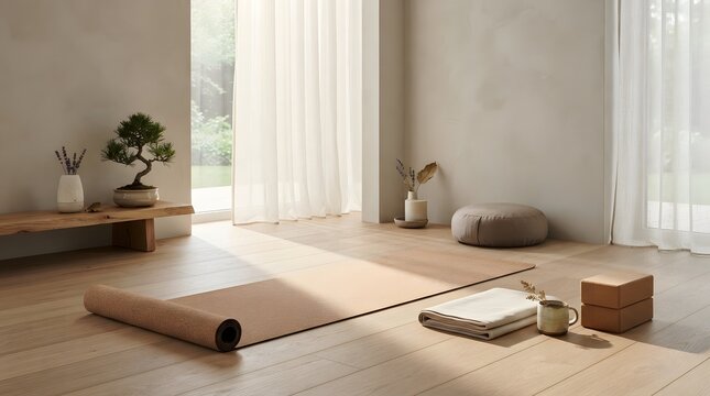 Serene yoga room with mat and zen decor