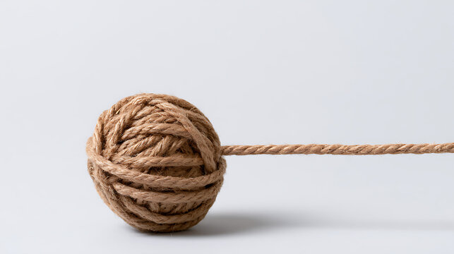 Clean Minimalist Shot of a Brown Rope Ball Unraveling, with a Single Strand Extending on a Bright White Background, Indicating Connection or Problem