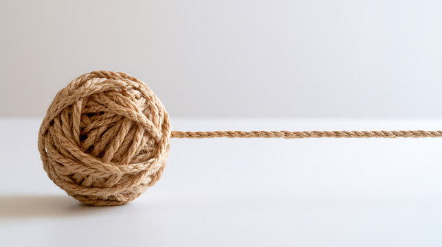 A neat ball of natural jute rope sits on a clean, bright surface, with a single strand extending outward on a minimal white background