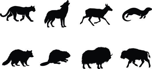 Obraz premium North American Wild Mammal Silhouette Collection with Wolf Cougar Deer Otter Beaver Bison and Fox