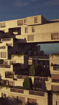 The structure shows a unique building with layered levels and greenery. People are seen enjoying the terraces. The setting sun casts shadows on the facade, creating interesting patterns.