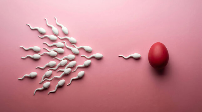 Sperm cells swimming toward red egg on pink background, conceptual fertility and reproduction metaphor, human fertilization process and ivf concept