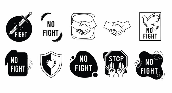 Illustrated symbols promoting peace and no fighting.