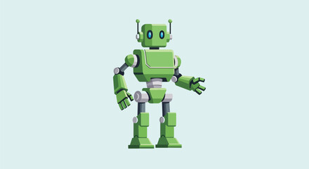 3D rendered robot toy with green and yellow color scheme. © MASJAB