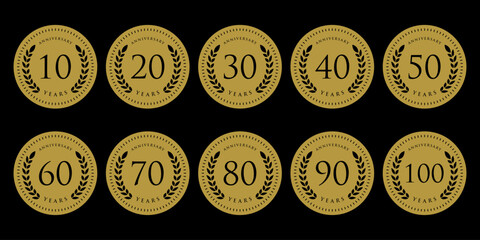 Set of 10 to 100 anniversary logo design. collection of years celebration 10 to 100 logo.  elegant and luxury symbol concept. © ZRpro
