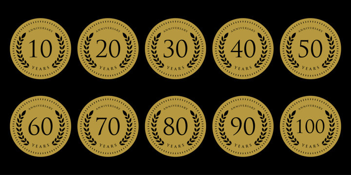 Set of 10 to 100 anniversary logo design. collection of years celebration 10 to 100 logo.  elegant and luxury symbol concept.