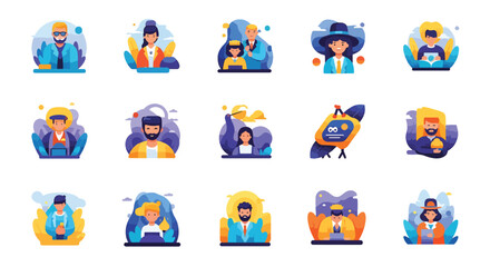 Fototapeta premium Colorful illustration of various cartoon vehicles and transportation icons.