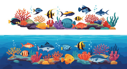 Colorful underwater scene with tropical fish and sea creatures. © MASJAB
