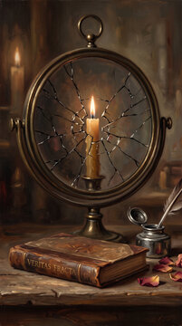 Burning Candle Reflected in Cracked Glass Above a Book Symbolizing Fragile Truth