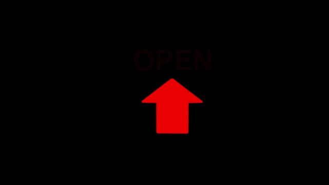 Bright green open text animation with upward arrow indicator on a black background representing successful access or launch. 4K video motion graphic animation..