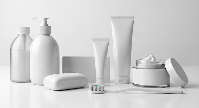 Minimalist arrangement of white bathroom essentials on marble surface with soft lighting