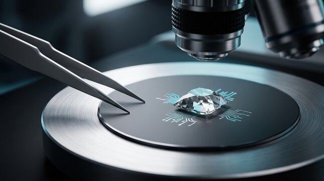 Macro view of a faceted diamond substrate on a silicon wafer chuck beside tweezers, a microscope lens, and glowing nanoscale circuit patterns, capturing the concept of diamond-based chip materials.