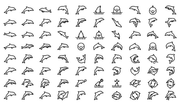 Dolphin Marine Animal Outline Icon Collection Featuring Sea Life Ocean Creatures and Aquatic Symbols