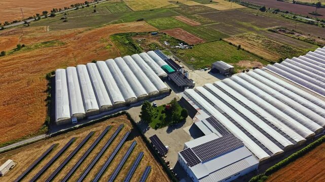 Aerial view shows multiple greenhouses and solar panels in a farming area. Surrounding fields display various crops and tilled land. The sky is clear and bright during the day.