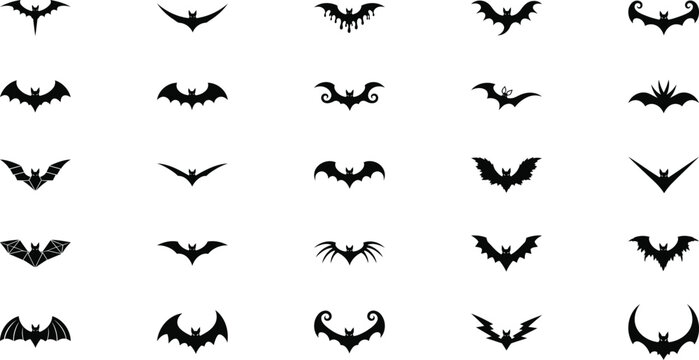 Minimalist Flying Bat Silhouette Icon Set Collection, Black Halloween Bat Vector Icons Isolated on White Background