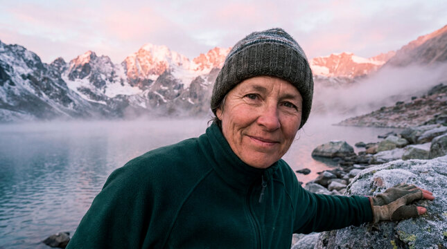 Confident woman in fleece jacket beside alpine lake below misty snowy mountains